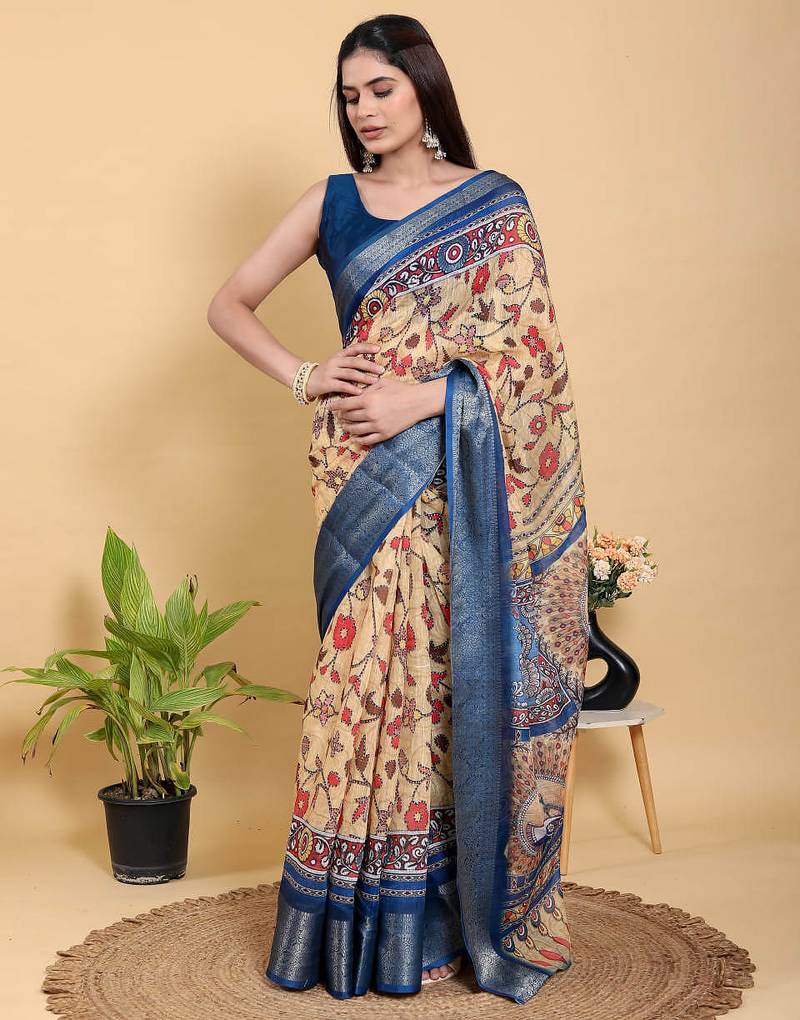 peach colour Ready to wear elegant print linen cotton saree with jacquard border & unstitched blouse