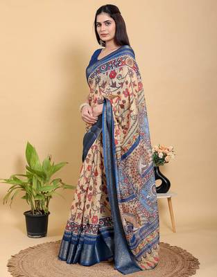 peach ready to wear elegant print linen cotton saree with jacquard border 2
