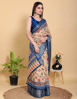 peach ready to wear elegant print linen cotton saree with jacquard border 3