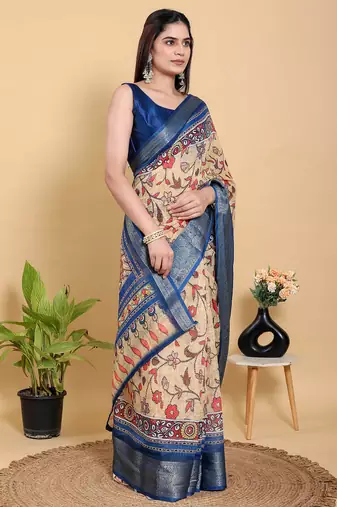 peach ready to wear elegant print linen cotton saree with jacquard border