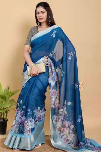 blue colour Ready to wear elegant print linen cotton saree with jacquard border & unstitched blouse