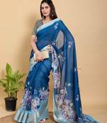 blue colour Ready to wear elegant print linen cotton saree with jacquard border & unstitched blouse