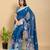 blue colour Ready to wear elegant print linen cotton saree with jacquard border & unstitched blouse