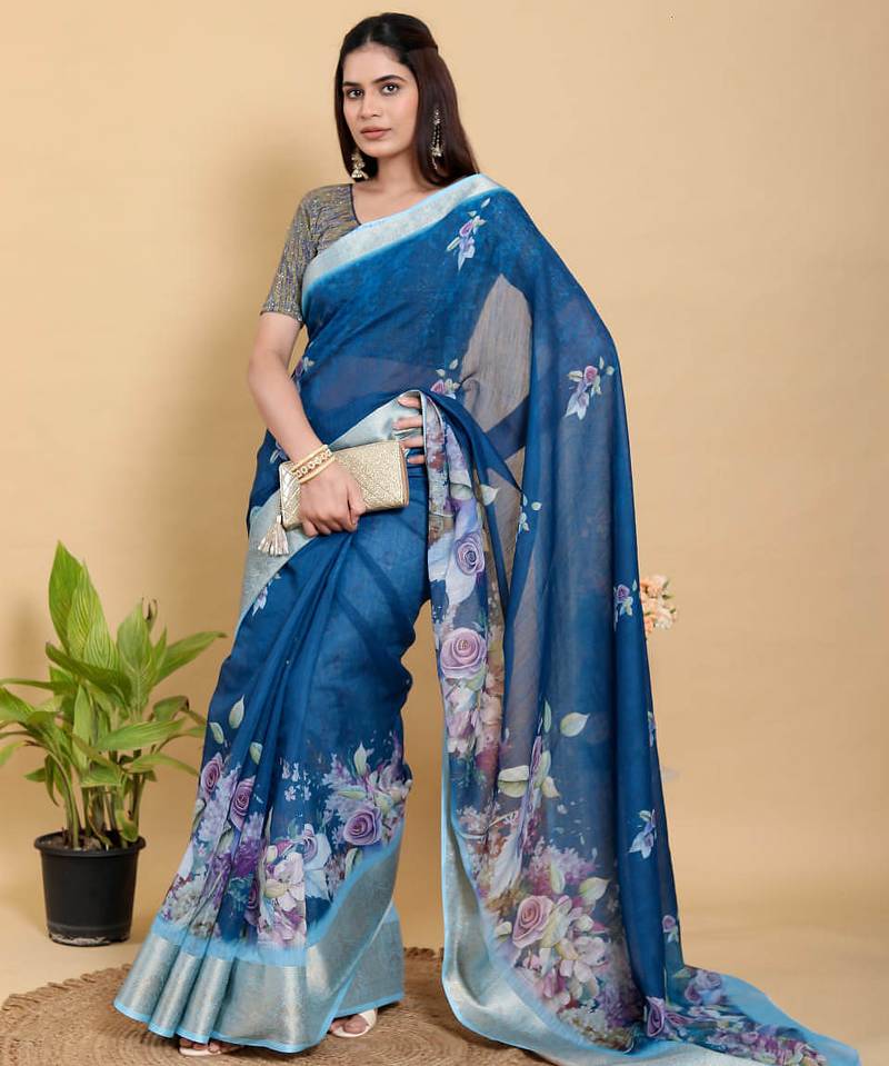 blue colour Ready to wear elegant print linen cotton saree with jacquard border & unstitched blouse