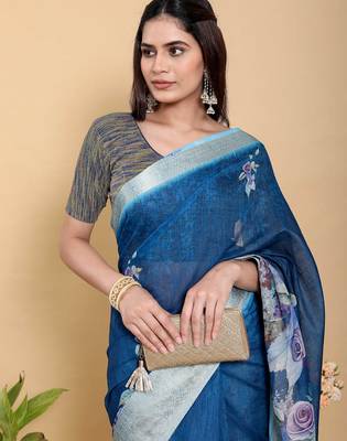 blue colour Ready to wear elegant print linen cotton saree with jacquard border & unstitched blouse 2