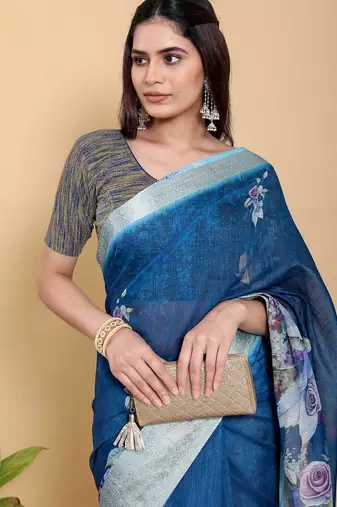 blue colour Ready to wear elegant print linen cotton saree with jacquard border & unstitched blouse