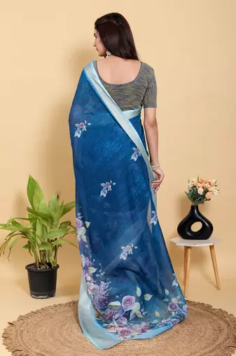 blue colour Ready to wear elegant print linen cotton saree with jacquard border & unstitched blouse