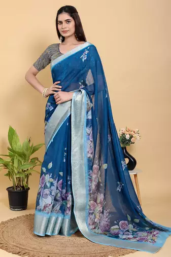blue colour Ready to wear elegant print linen cotton saree with jacquard border & unstitched blouse
