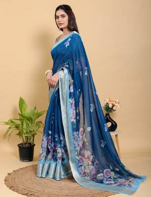 blue colour Ready to wear elegant print linen cotton saree with jacquard border & unstitched blouse 5