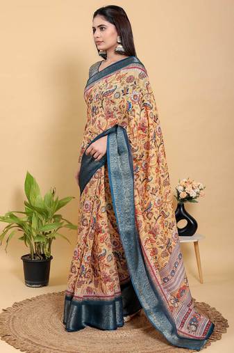 peach colour Ready to wear elegant print linen cotton saree with jacquard border & unstitched blouse
