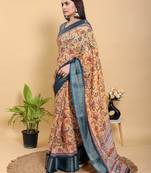 peach colour Ready to wear elegant print linen cotton saree with jacquard border & unstitched blouse