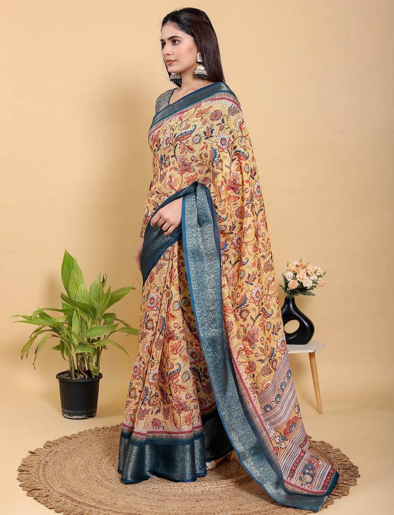peach colour Ready to wear elegant print linen cotton saree with jacquard border & unstitched blouse