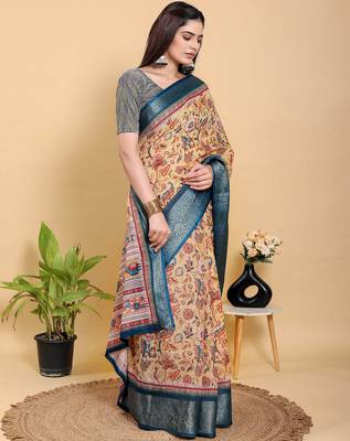 peach colour Ready to wear elegant print linen cotton saree with jacquard border & unstitched blouse 2