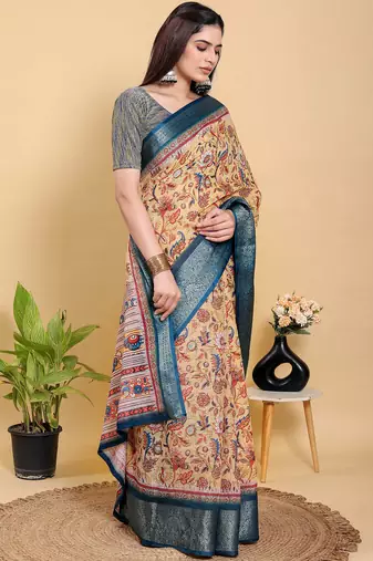 peach colour Ready to wear elegant print linen cotton saree with jacquard border & unstitched blouse