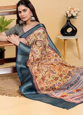 peach colour Ready to wear elegant print linen cotton saree with jacquard border & unstitched blouse 3