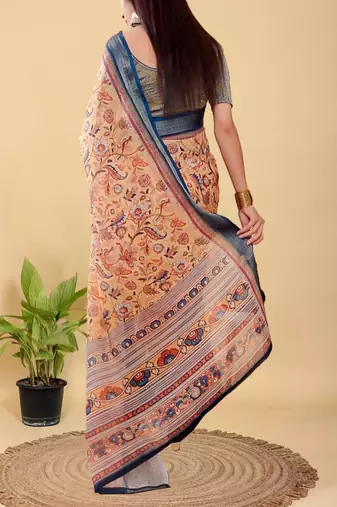 peach colour Ready to wear elegant print linen cotton saree with jacquard border & unstitched blouse