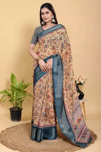 peach colour Ready to wear elegant print linen cotton saree with jacquard border & unstitched blouse