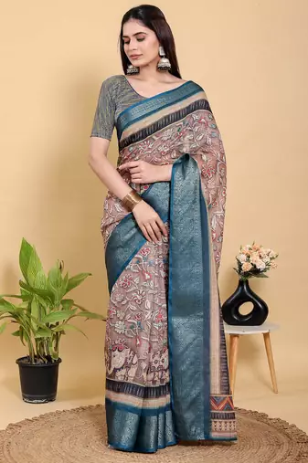 Ready to wear elegant print linen cotton saree with jacquard border & unstitched blouse