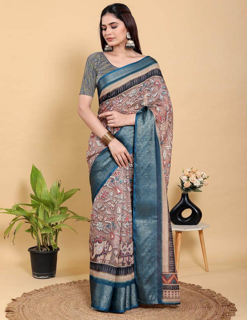 Ready to wear elegant print linen cotton saree with jacquard border & unstitched blouse