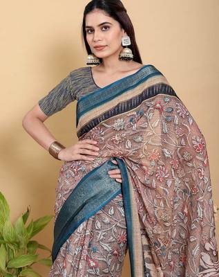 Ready to wear elegant print linen cotton saree with jacquard border & unstitched blouse 2