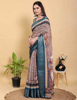 Ready to wear elegant print linen cotton saree with jacquard border & unstitched blouse 3