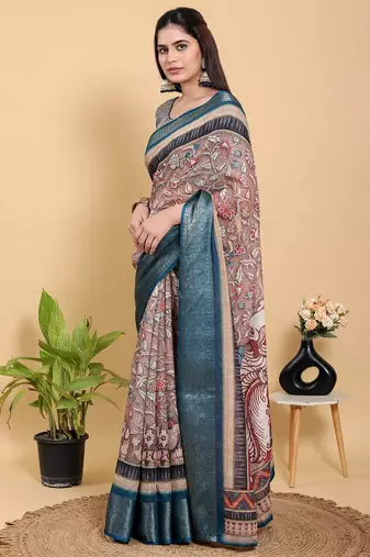 Ready to wear elegant print linen cotton saree with jacquard border & unstitched blouse