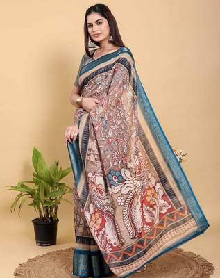 Ready to wear elegant print linen cotton saree with jacquard border & unstitched blouse 4