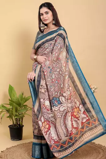 Ready to wear elegant print linen cotton saree with jacquard border & unstitched blouse