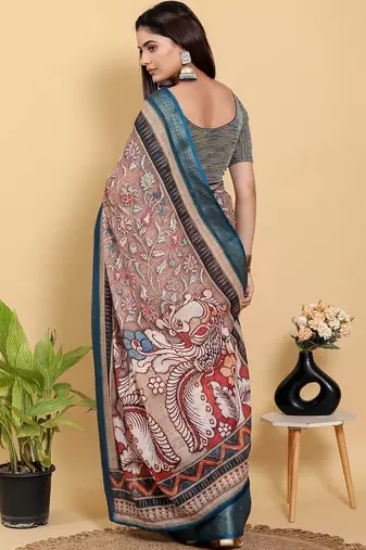 Ready to wear elegant print linen cotton saree with jacquard border & unstitched blouse