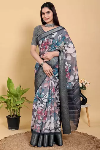 grey colour Ready to wear elegant print linen cotton saree with jacquard border & unstitched blouse