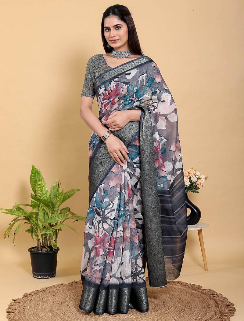 grey colour Ready to wear elegant print linen cotton saree with jacquard border & unstitched blouse