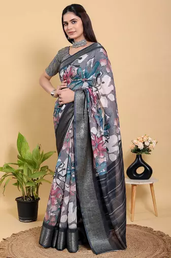 grey colour Ready to wear elegant print linen cotton saree with jacquard border & unstitched blouse