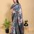 grey colour Ready to wear elegant print linen cotton saree with jacquard border & unstitched blouse