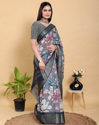 grey colour Ready to wear elegant print linen cotton saree with jacquard border & unstitched blouse 3