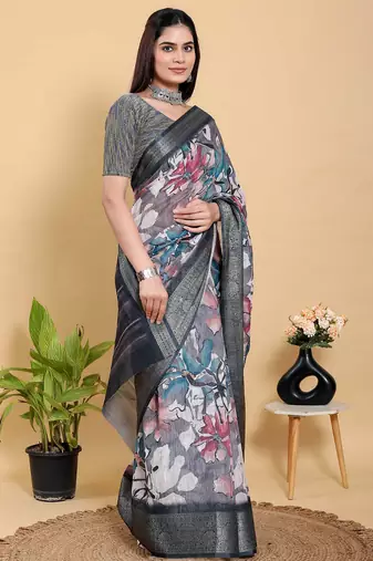 grey colour Ready to wear elegant print linen cotton saree with jacquard border & unstitched blouse