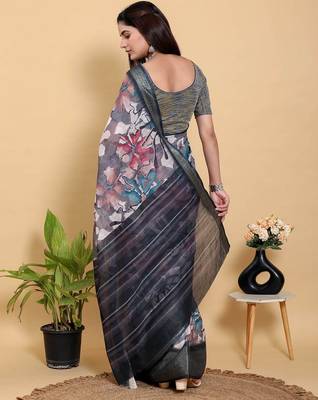 grey colour Ready to wear elegant print linen cotton saree with jacquard border & unstitched blouse 4