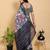grey colour Ready to wear elegant print linen cotton saree with jacquard border & unstitched blouse