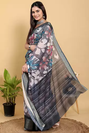 grey colour Ready to wear elegant print linen cotton saree with jacquard border & unstitched blouse