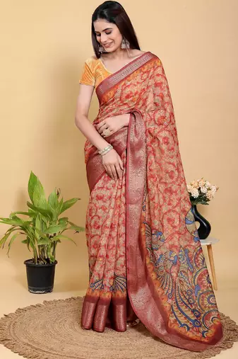coral colour Ready to wear elegant print linen cotton saree with jacquard border & unstitched blouse