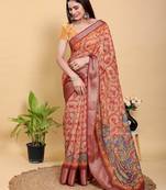 coral colour Ready to wear elegant print linen cotton saree with jacquard border & unstitched blouse