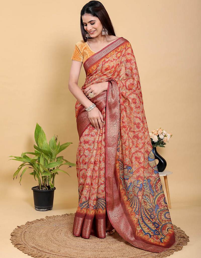 coral colour Ready to wear elegant print linen cotton saree with jacquard border & unstitched blouse