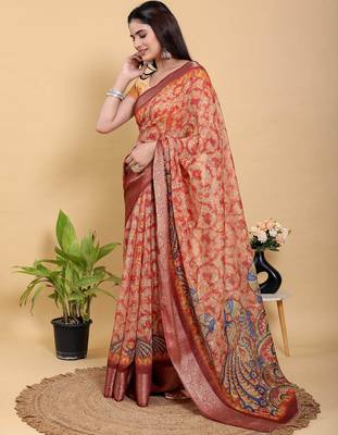 coral colour Ready to wear elegant print linen cotton saree with jacquard border & unstitched blouse 2