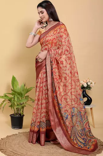 coral colour Ready to wear elegant print linen cotton saree with jacquard border & unstitched blouse