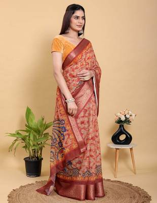 coral colour Ready to wear elegant print linen cotton saree with jacquard border & unstitched blouse 3