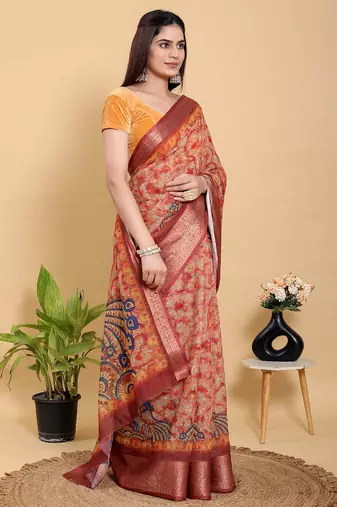 coral colour Ready to wear elegant print linen cotton saree with jacquard border & unstitched blouse