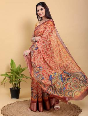 coral colour Ready to wear elegant print linen cotton saree with jacquard border & unstitched blouse 4