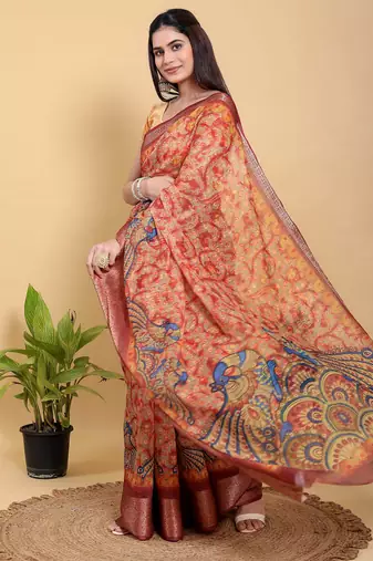 coral colour Ready to wear elegant print linen cotton saree with jacquard border & unstitched blouse
