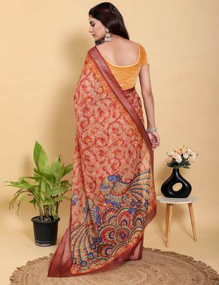 coral colour Ready to wear elegant print linen cotton saree with jacquard border & unstitched blouse 5
