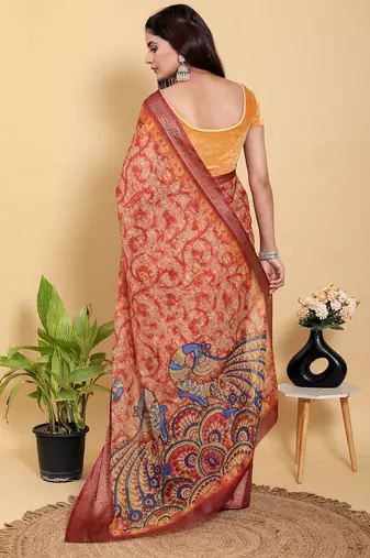coral colour Ready to wear elegant print linen cotton saree with jacquard border & unstitched blouse