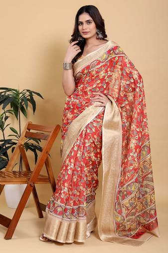 coral colour Ready to wear elegant print linen cotton saree with jacquard border & unstitched blouse